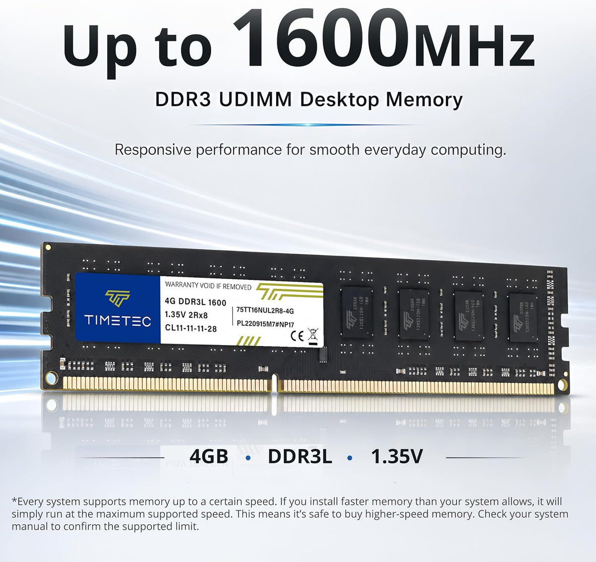 Timetec 16GB (2x8GB) DDR3L / DDR3 1600MHz PC3L-12800 / PC3-12800 Ingen ECC Obuffrad 1,35V / 1,5V CL11 2Rx8 Dual Rank 240 Pin UDIMM Stationär dator RAM-minne (SDRAM) uppgraderingsmodul