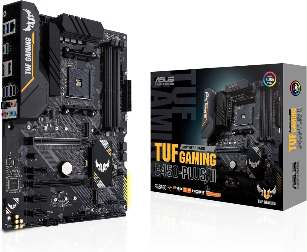 Asus TUF Gaming B450-Plus II moderkortsbas AM4 (ATX, AMD Ryzen, DDR4-minne, M.2, USB 3.1 Gen1+ Gen2, Aura Sync, Ai brusreducerande mikrofon)