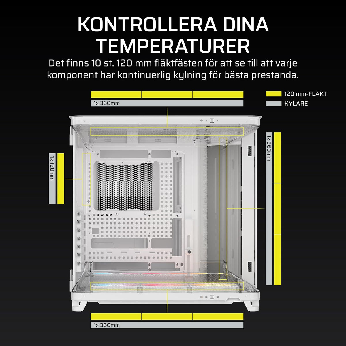 CORSAIR AIR 5400 RS-R ARGB Mid-Tower PCchassi Panoramaglasdesign Med Tre Kammare – 3x Förinstallerad RS120-R ARGB Omvänd Rotor, Isolerad 360mm AIOkammare, Omvänd Anslutning Moderkorts Stöd – Svart