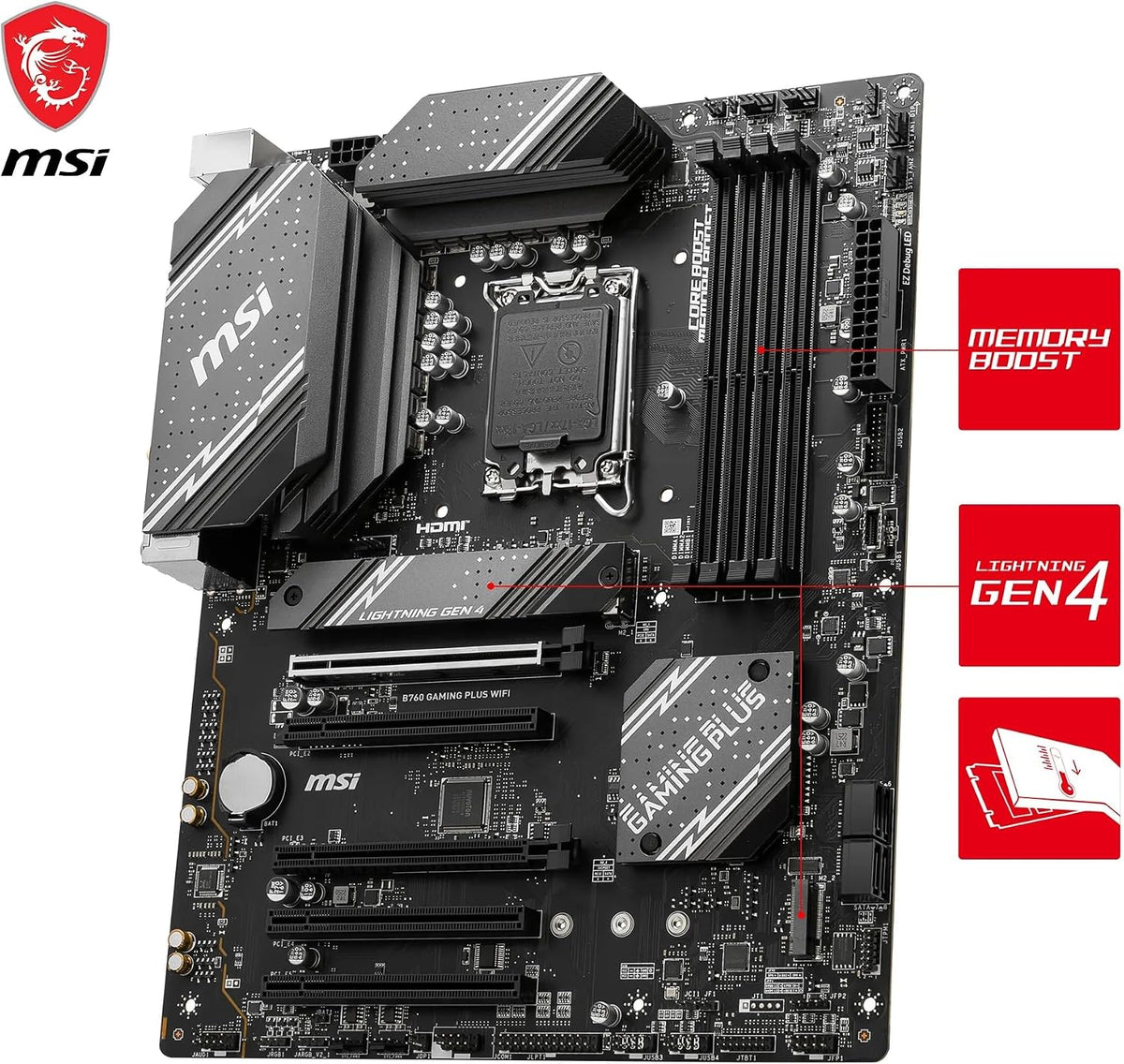 MSI PRO B760M-P DDR4 moderkort, Micro-ATX - Stöder Intel 12:e och 13:e generationens kärnprocessorer, LGA 1700 - DDR4 Memory Boost 4800+MHz/OC, PCIe 4.0 x16-kortplats, M.2 Gen4-kortplatser, olika