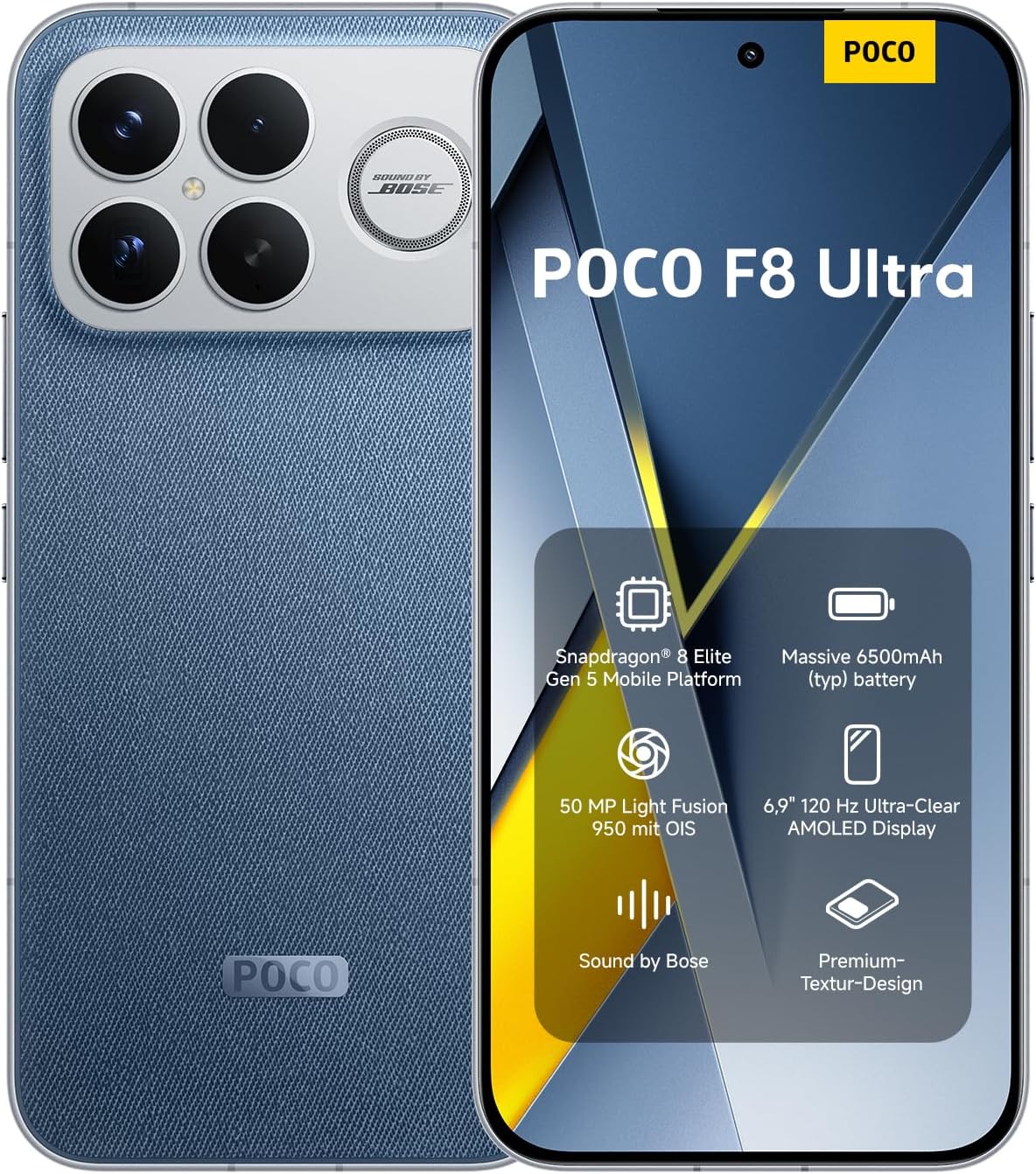 Xiaomi POCO F8 Ultra, Smartphone 16+512 GB, 1,9 tum 120 Hz AMOLED-skärm, 50 MP Light Fusion 950 med OIS, Sound by Bose, 6 500 mAh, denimblå, garanti 2 år, laddare ingår inte