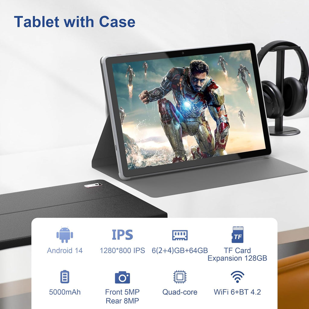 Smartpad A10, surfplatta, 10,1 tum, Android 13, surfplatta med fodral, 4 + 64 GB ROM, fyrkärnig processor, 5 000 mAh batteri, 1 280 x 800 IPS HD-pekskärm, 5 MP+8 MP kamera, Bluetooth, WiFi,