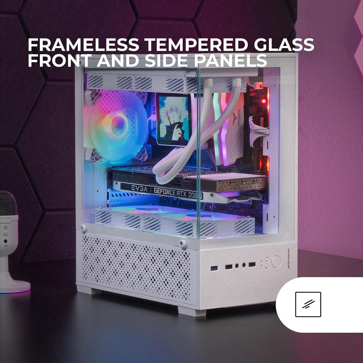 Mars Gaming MC-SE2, MicroATX Gaming Chassi, Härdat Glas Fram och Sida Utan Ram, 120mm FRGB Fläkt, Dubbelkammarsstruktur, Kompakt PC-Minitorn med Stor Intern Kapacitet, Vit