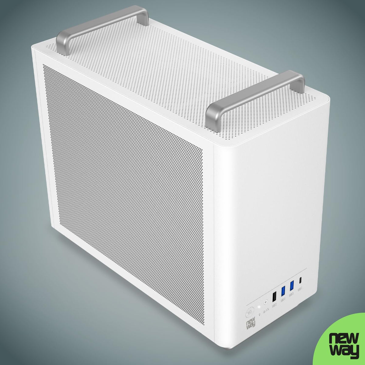 NEWWAY 2025 NC1 bärbart mini-torn, datorchassi, kompatibelt med Mini-ITX, ITX, Micro-ATX, typ-C, USB, inklusive 1 x fläkt, 9 mm, 3 Molex-stift, väggnät i metall (svart)