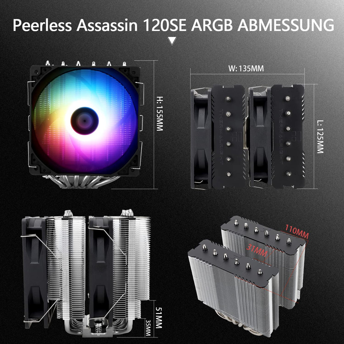 Thermalright Peerless Assassin 120 SE ARGB CPU-luftkylare, CPU-kylare med 6 värmerör, dubbla 120 mm TL-C12C-S PWM-fläktar, kylarskydd i aluminium, AGHP, för AMD AM4/AM5 och Intel 1700/1150/1151/1200