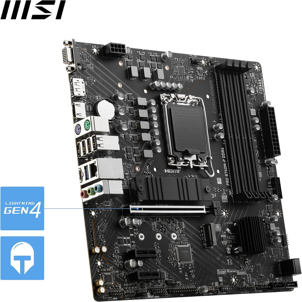 MSI PRO B760M-P DDR4 moderkort, Micro-ATX - Stöder Intel 12:e och 13:e generationens kärnprocessorer, LGA 1700 - DDR4 Memory Boost 4800+MHz/OC, PCIe 4.0 x16-kortplats, M.2 Gen4-kortplatser, olika