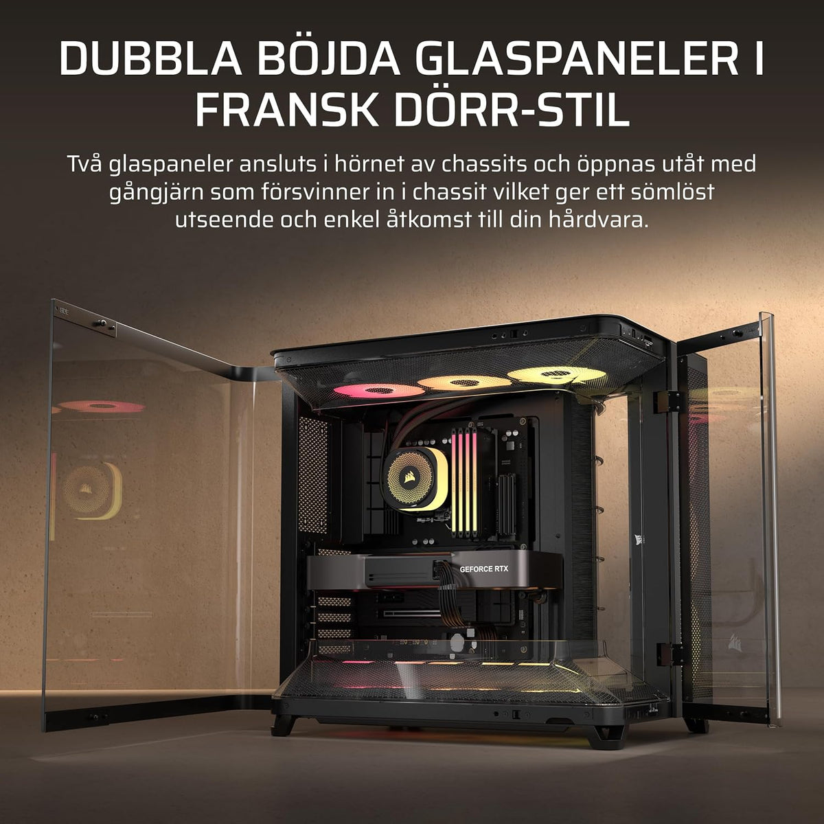 CORSAIR AIR 5400 RS-R ARGB Mid-Tower PCchassi Panoramaglasdesign Med Tre Kammare – 3x Förinstallerad RS120-R ARGB Omvänd Rotor, Isolerad 360mm AIOkammare, Omvänd Anslutning Moderkorts Stöd – Svart