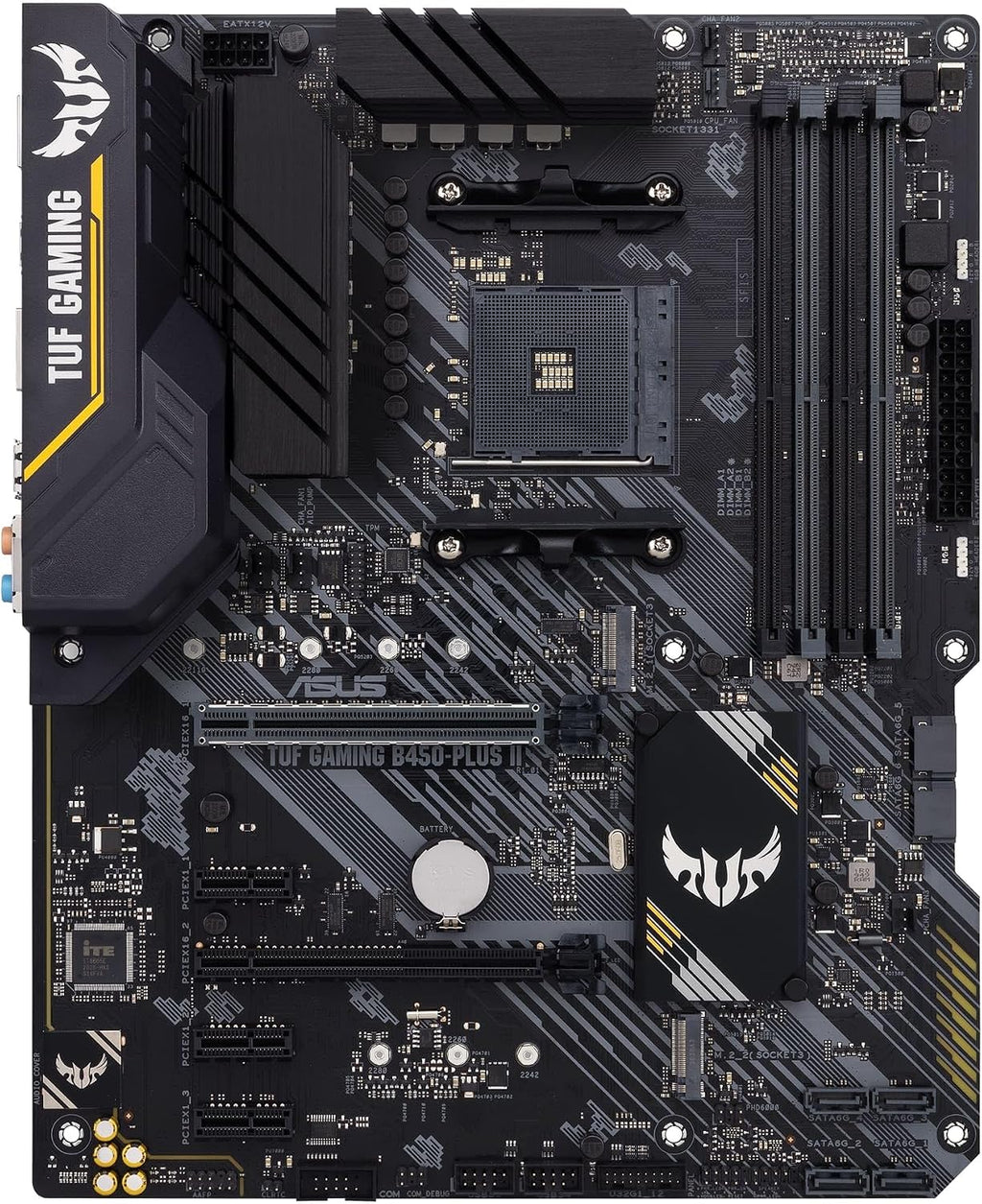 Asus TUF Gaming B450-Plus II moderkortsbas AM4 (ATX, AMD Ryzen, DDR4-minne, M.2, USB 3.1 Gen1+ Gen2, Aura Sync, Ai brusreducerande mikrofon)