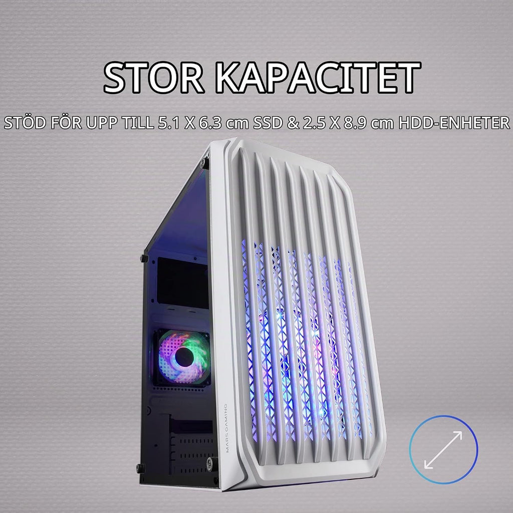 Mars Gaming MC-S2, ultrakompakt Micro-ATX PC-fodral, främre galler, 2x FRGB-fläktar, spelfodral för helsidofönster, stöder vätskekylning upp till 240 mm, vit