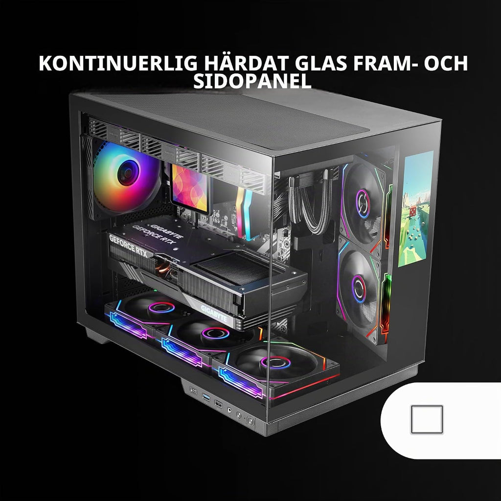 Mars Gaming MC-MIRAGE, Gaming Chassi ATX, 7,2” Anpassningsbar LCD IPS Skärm, Kontinuerat Härdat Glas Front + Sida, Dubbelkammare Struktur, Stöd för Vätskekylning upp till 360mm, Svart