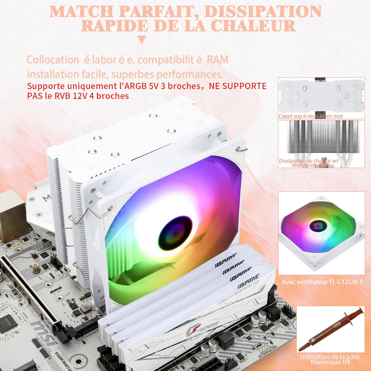 Thermalright Assassin X 120 SE vit CPU luftkylare, 4 värmerör, TL-C12CW-S PWM tyst fläkt CPU kylare med S-FDB-lager, för AMD AM4 AM5/Intel LGA1700/1150/1151/155/1156/1200