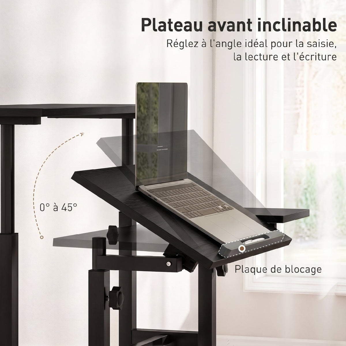 Bureau assis debout bureau réglable en hauteur 70 x 60 cm à roulettes avec plateau inclinable cadre en métal noir-4