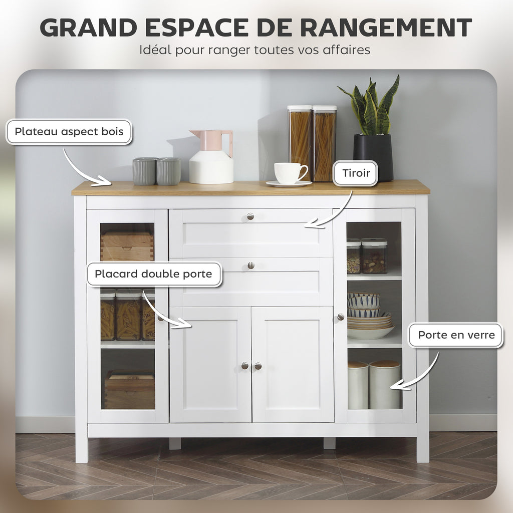 Buffet salon, meuble de rangement avec 1 placard double porte, 2 placards à porte vitrée, 2 tiroirs et étagère réglable, style moderne, buffet salle à manger et cuisine, 120x40x90cm, blanc-3