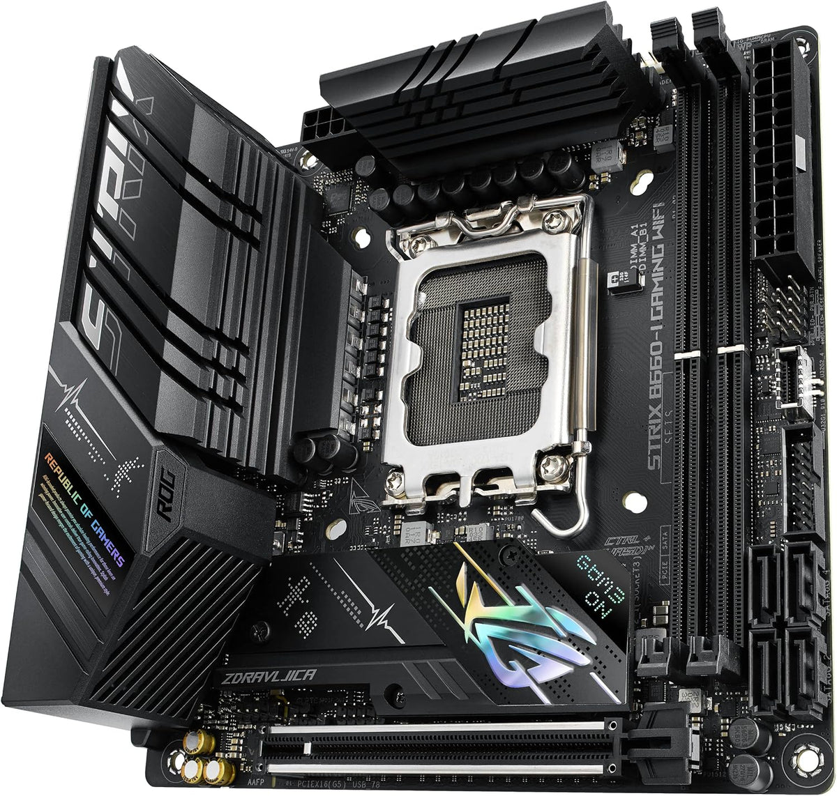 ASUS ROG Strix B760-I Gaming WiFi - Intel B760 LGA 1700 Mini ITX moderkort (DDR5, 8 + 1 DrMOS, PCIe 5.0, 2 x PCIe 4.0 M.2, wifi 6E, 2.5G Ethernet, USB 3.2 Gen 2 x 2 Type-C, Aura Sync RGB)