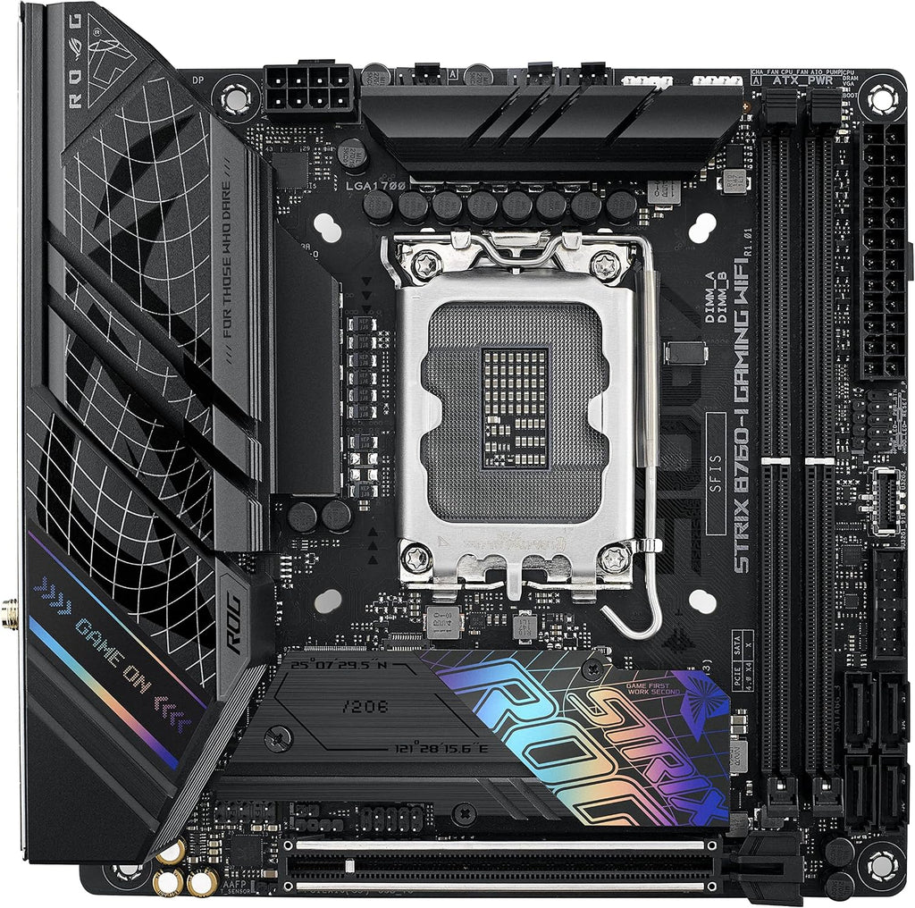 ASUS ROG Strix B760-I Gaming WiFi - Intel B760 LGA 1700 Mini ITX moderkort (DDR5, 8 + 1 DrMOS, PCIe 5.0, 2 x PCIe 4.0 M.2, wifi 6E, 2.5G Ethernet, USB 3.2 Gen 2 x 2 Type-C, Aura Sync RGB)