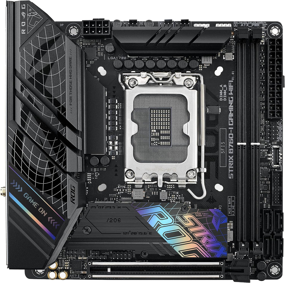 ASUS ROG Strix B760-I Gaming WiFi - Intel B760 LGA 1700 Mini ITX moderkort (DDR5, 8 + 1 DrMOS, PCIe 5.0, 2 x PCIe 4.0 M.2, wifi 6E, 2.5G Ethernet, USB 3.2 Gen 2 x 2 Type-C, Aura Sync RGB)