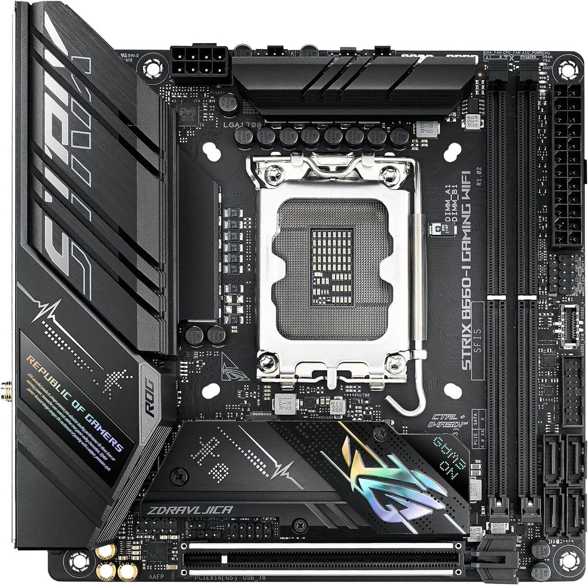 ASUS ROG Strix B760-I Gaming WiFi - Intel B760 LGA 1700 Mini ITX moderkort (DDR5, 8 + 1 DrMOS, PCIe 5.0, 2 x PCIe 4.0 M.2, wifi 6E, 2.5G Ethernet, USB 3.2 Gen 2 x 2 Type-C, Aura Sync RGB)