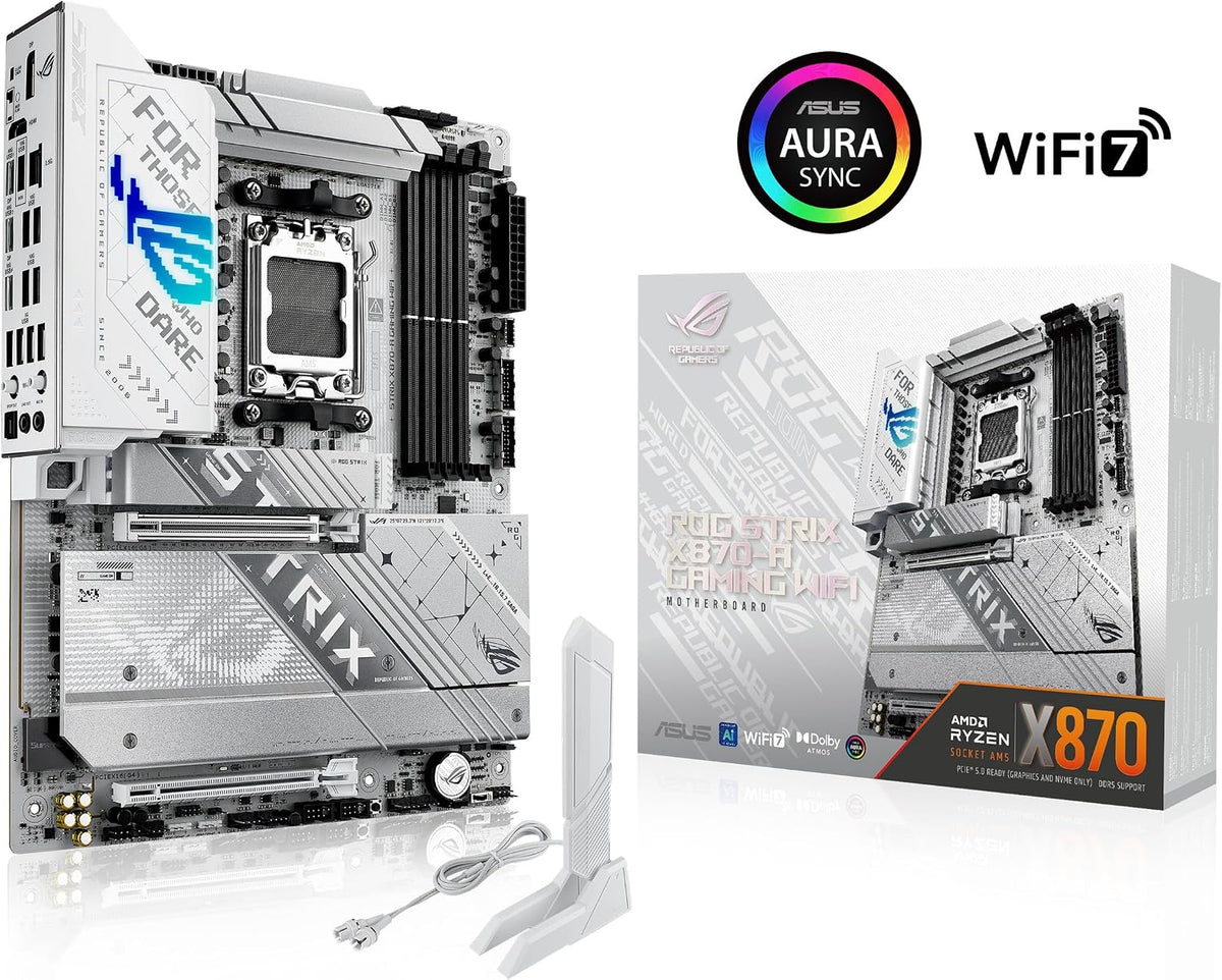 ASUS ROG Strix X870-A Gaming WiFi AMD-moderkort, 16+2 strömförsörjningssteg, DDR5-plats, fyra M.2-platser, PCIe 5.0, nästa generations GPU, WiFi 7, USB 20 Gbps med PD 3.0 upp till 30 W, Aura Sync