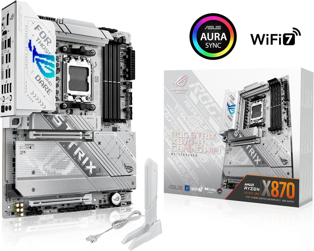ASUS ROG Strix X870-A Gaming WiFi AMD-moderkort, 16+2 strömförsörjningssteg, DDR5-plats, fyra M.2-platser, PCIe 5.0, nästa generations GPU, WiFi 7, USB 20 Gbps med PD 3.0 upp till 30 W, Aura Sync