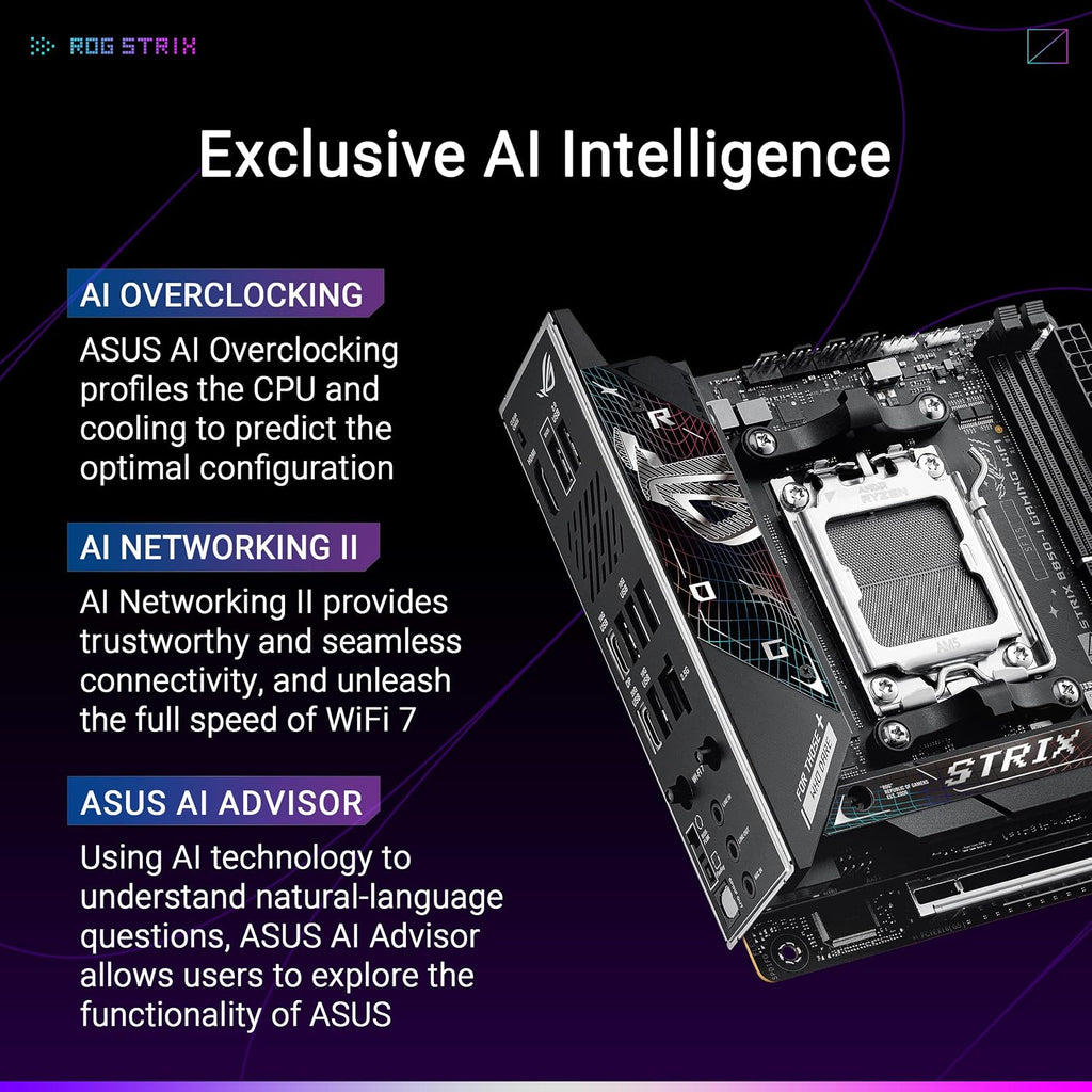 ASUS ROG Strix B850-I WiFi-spel, AMD Mini-ITX moderkort, 10+2+1-stegs strömförsörjning, DDR5, PCIe 5.0-plats med Q-release-plats, 2 M.2-platser, WiFi 7 med WiFi Q-antenn, AI Advisor, AI Networking II