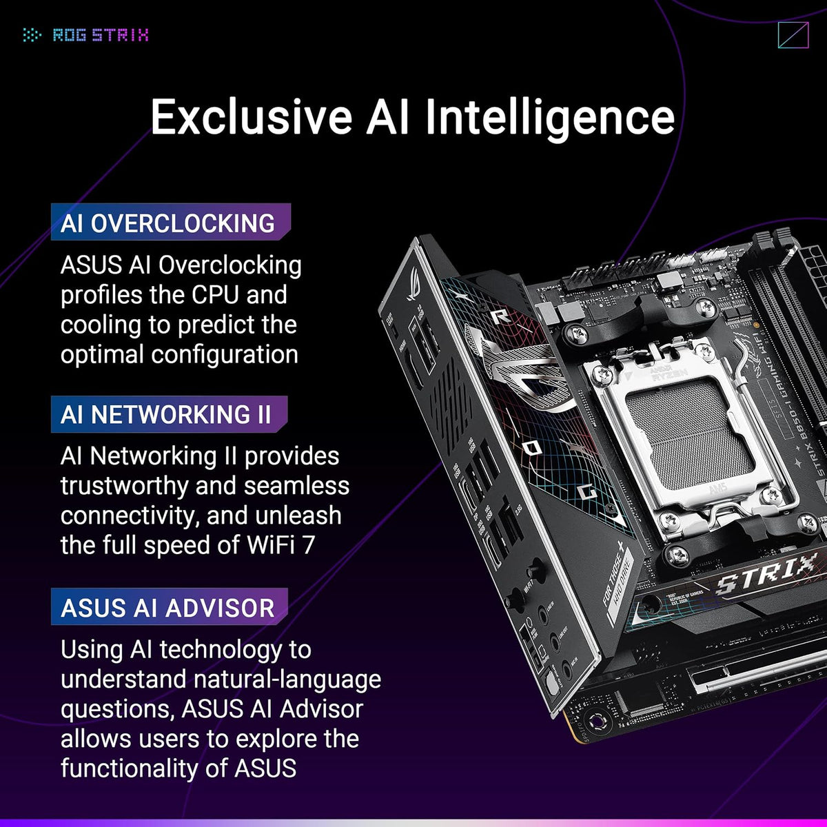ASUS ROG Strix B850-I WiFi-spel, AMD Mini-ITX moderkort, 10+2+1-stegs strömförsörjning, DDR5, PCIe 5.0-plats med Q-release-plats, 2 M.2-platser, WiFi 7 med WiFi Q-antenn, AI Advisor, AI Networking II