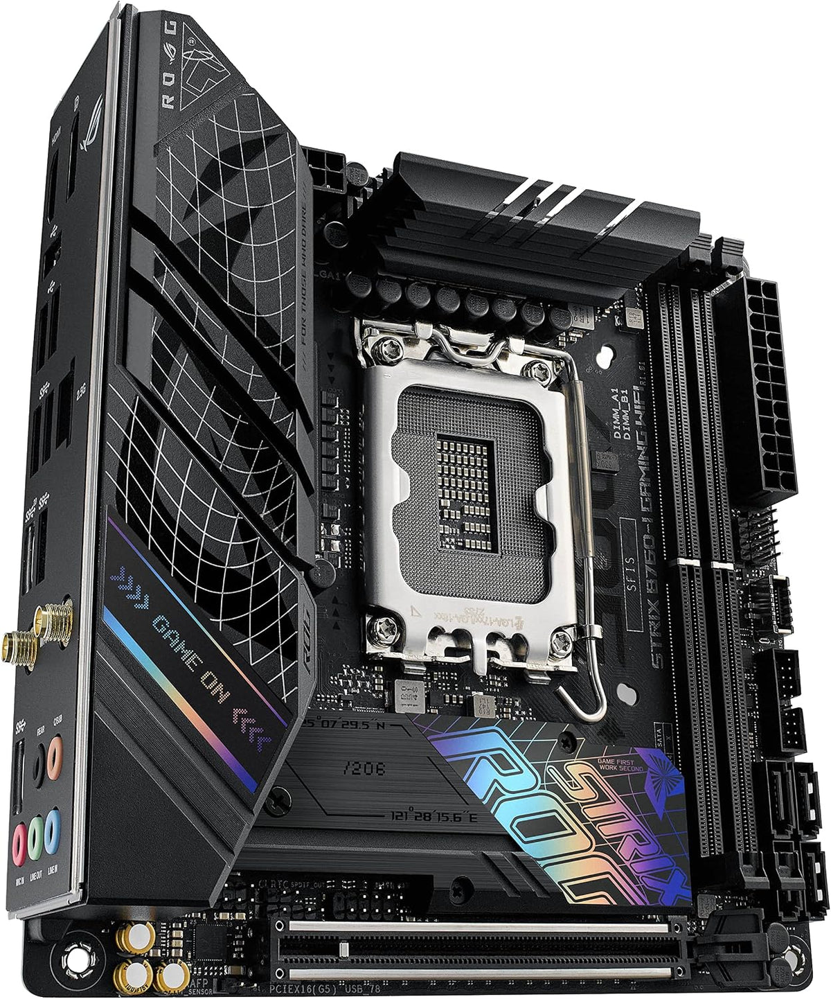 ASUS ROG Strix B760-I Gaming WiFi - Intel B760 LGA 1700 Mini ITX moderkort (DDR5, 8 + 1 DrMOS, PCIe 5.0, 2 x PCIe 4.0 M.2, wifi 6E, 2.5G Ethernet, USB 3.2 Gen 2 x 2 Type-C, Aura Sync RGB)