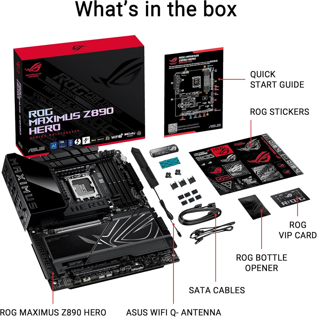 ASUS Intel ROG Maximus Z890 Hero ATX moderkort, 22+1+2+2 effektsteg, DDR5-kortplatser, PCIe 5.0 med fullt stöd för nästa generations GPU:er, sex M.2-kortplatser, WiFi 7, AI överklockning, PCIe Slot