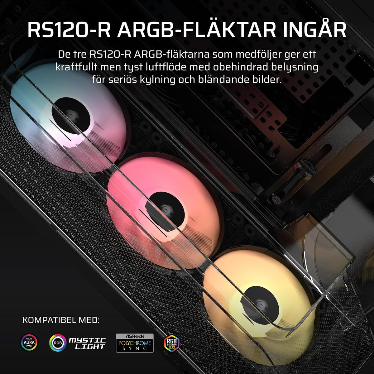 CORSAIR AIR 5400 RS-R ARGB Mid-Tower PCchassi Panoramaglasdesign Med Tre Kammare – 3x Förinstallerad RS120-R ARGB Omvänd Rotor, Isolerad 360mm AIOkammare, Omvänd Anslutning Moderkorts Stöd – Svart