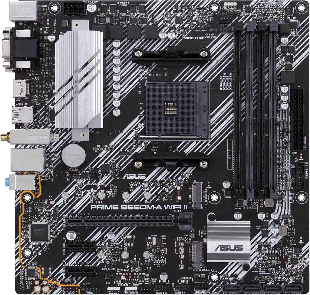 ASUS PRIME B550M-A WiFi II MicroATX moderkort, AMD B550, Socket AM4, DDR4, PCI 4.0, Realtek 1GB LAN, WiFi 6 (802.11ax), 2xM.2, 4xSATA 6GB/s, 2xUSB 3.2 Gen 2, Stöd för Aura Sync RGB, Svart