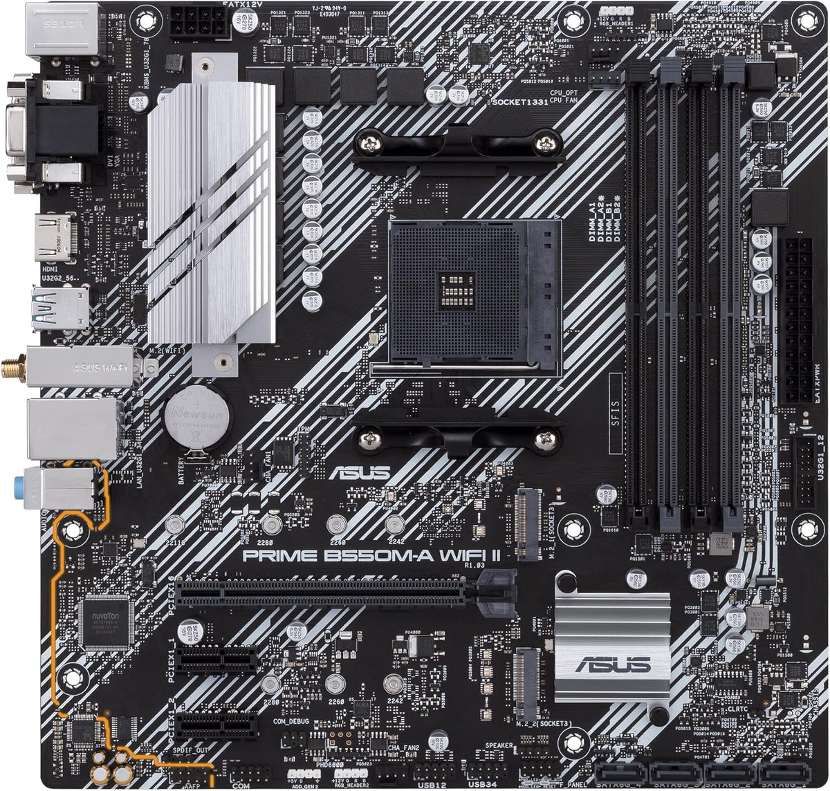 ASUS PRIME B550M-A WiFi II MicroATX moderkort, AMD B550, Socket AM4, DDR4, PCI 4.0, Realtek 1GB LAN, WiFi 6 (802.11ax), 2xM.2, 4xSATA 6GB/s, 2xUSB 3.2 Gen 2, Stöd för Aura Sync RGB, Svart