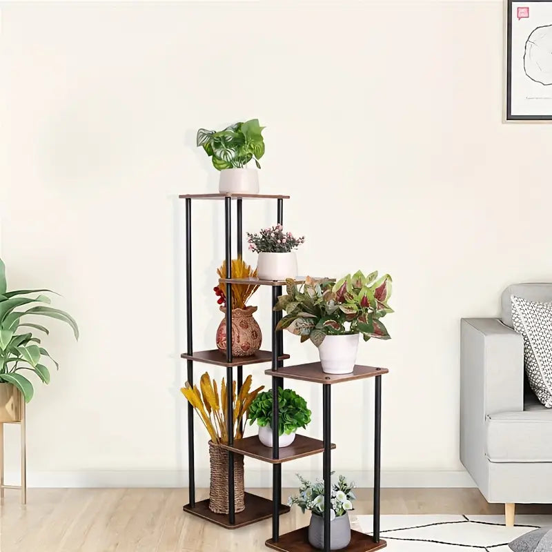 7-Story Indoor Floor Standing Flower Rack - Black Frame Coffee Board-4
