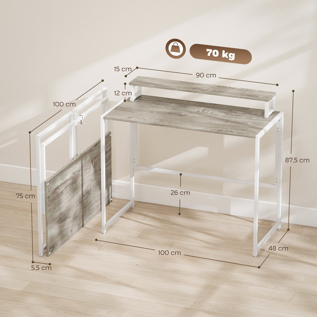 Bureau d'ordinateur pliable avec support d'écran, pour chambre, petits espaces, 100 x 48 x 87,5 cm, bois naturel-2
