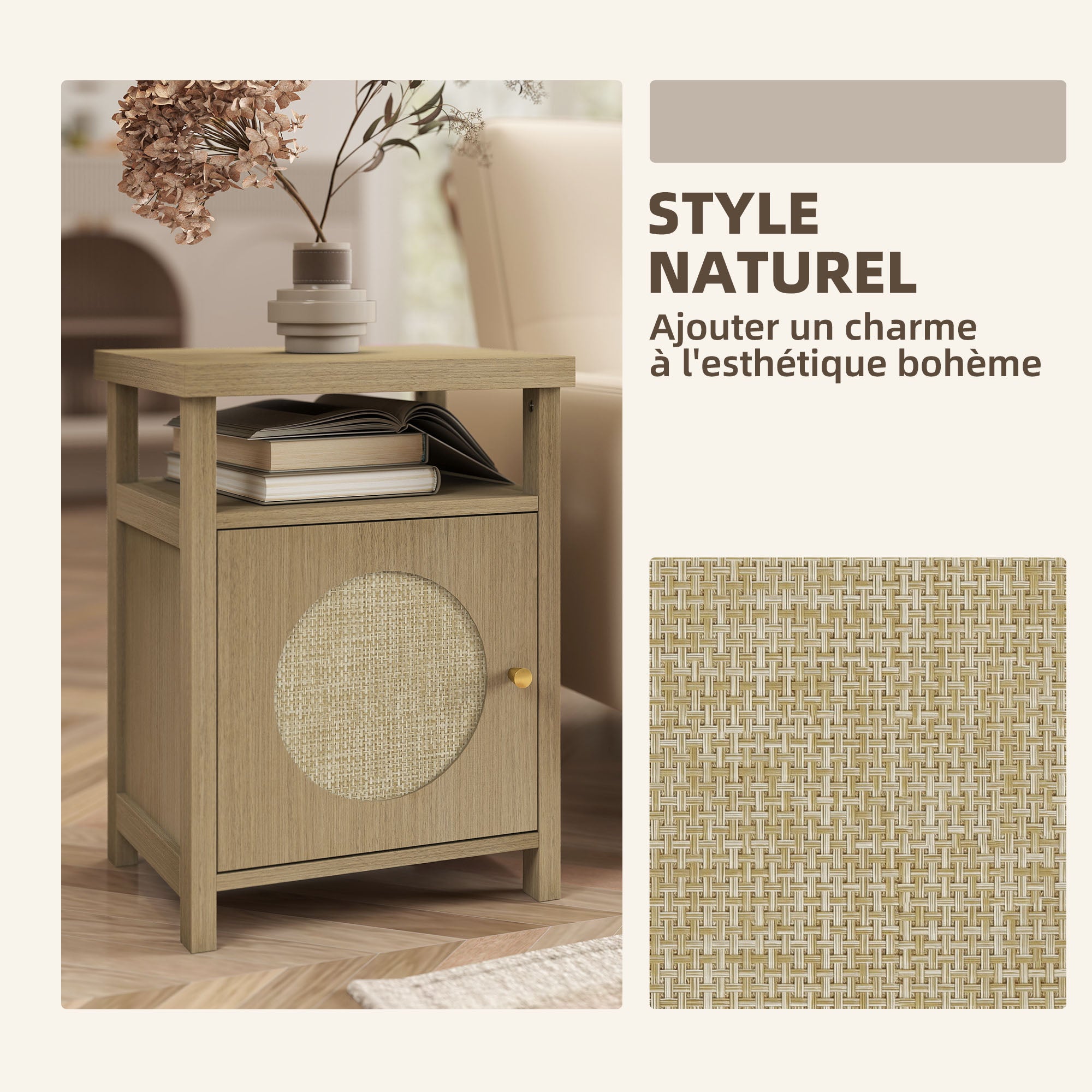 Lot de 2 tables de chevet étroite table d'appoint compartiment ouvert placard finition en rotin, 40 x 35 x 55 cm marron-3
