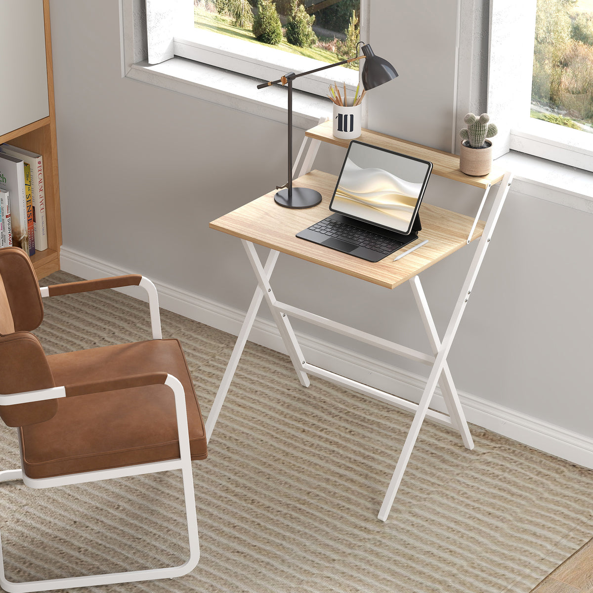 Bureau pliable 65,5 x 45 cm avec étagère de rangement pour chambre, petits espaces, bois naturel-6