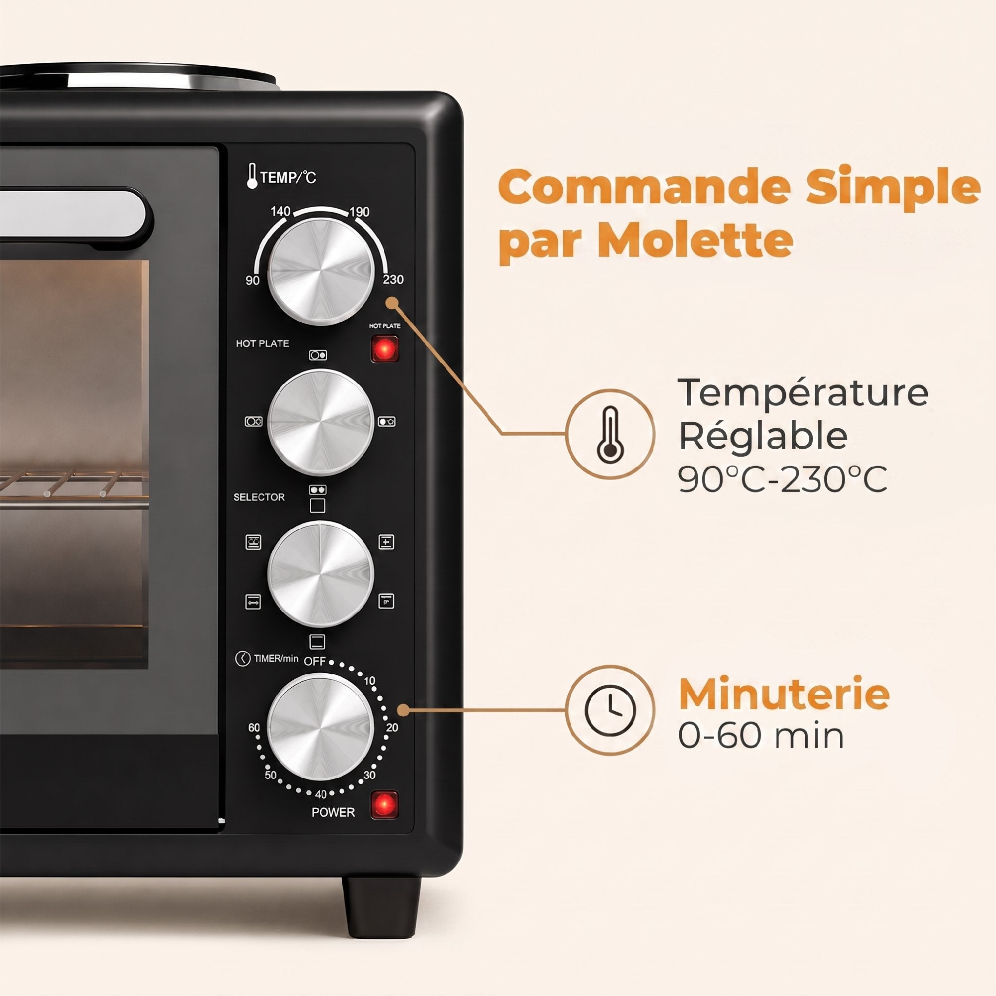 Mini-Four avec 2 Plaques de Cuisson et Broche Rotative 46L 2850 W, Four à Convection Multifonction, Minuterie, Noir-6