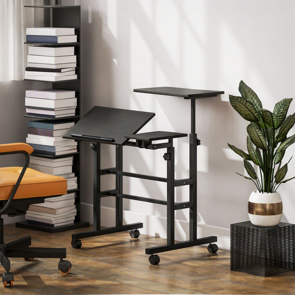 Bureau assis debout bureau réglable en hauteur 70 x 60 cm à roulettes avec plateau inclinable cadre en métal noir-1