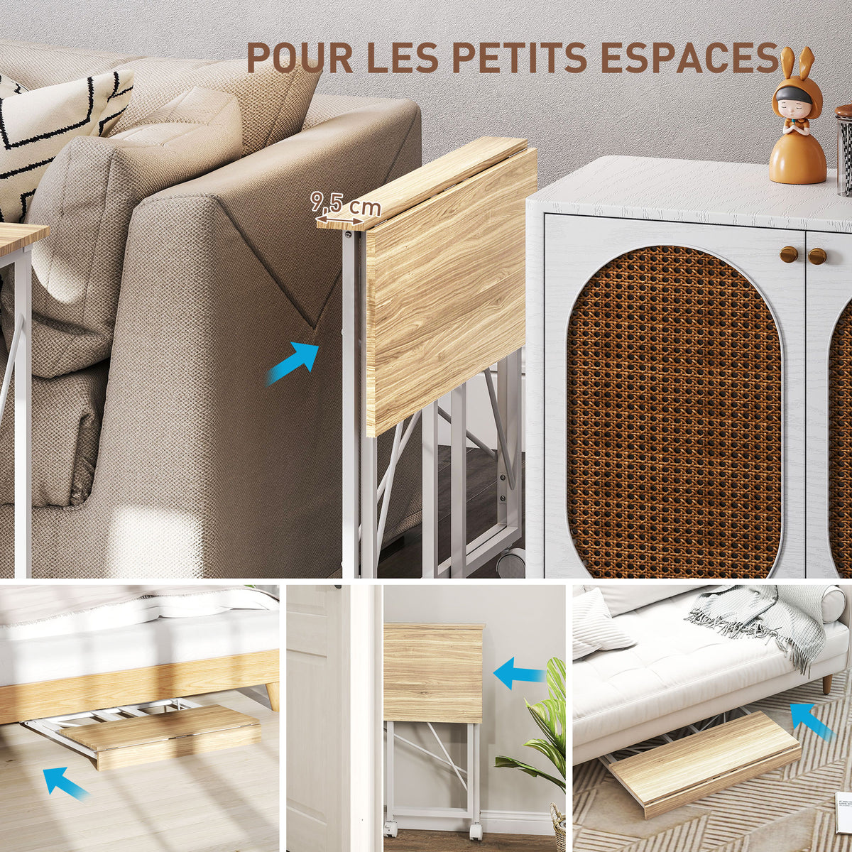 Bureau pliant table d'ordinateur 80 x 40 cm sur roulettes pour bureau à domicile, chambre, petits espaces, chêne-3