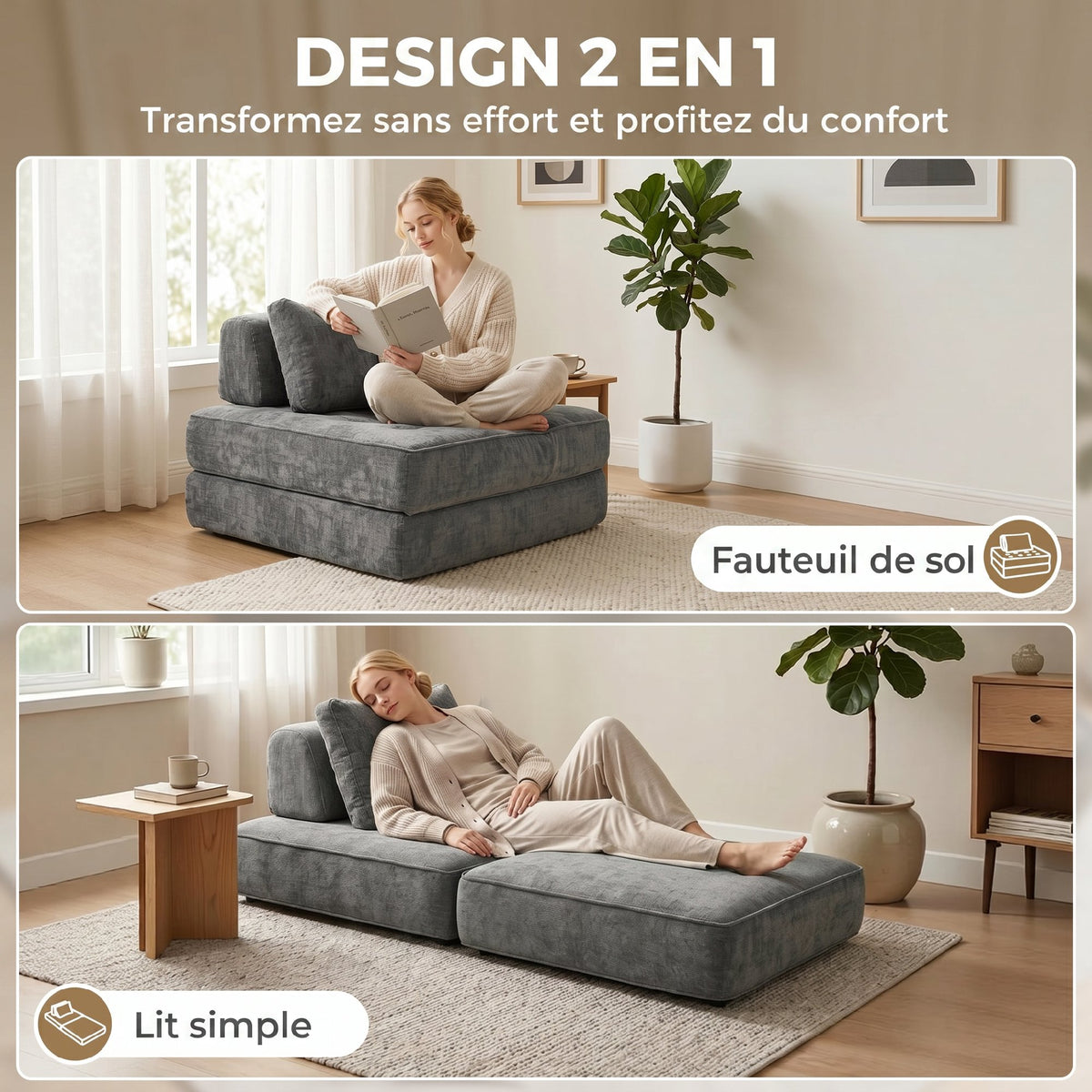 Canapé-lit pliant 2 en 1, chauffeuse 1 place, convertible en chenille, coussin épais, dossier et oreiller, gris-3