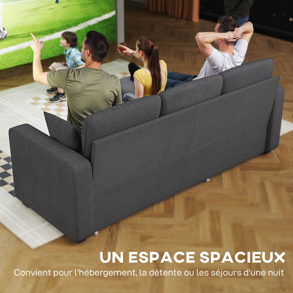 Canapé d'angle convertible en velours côtelé, canapé-lit 3 places avec rangement caché, coussins, 205x135x76cm, gris-3