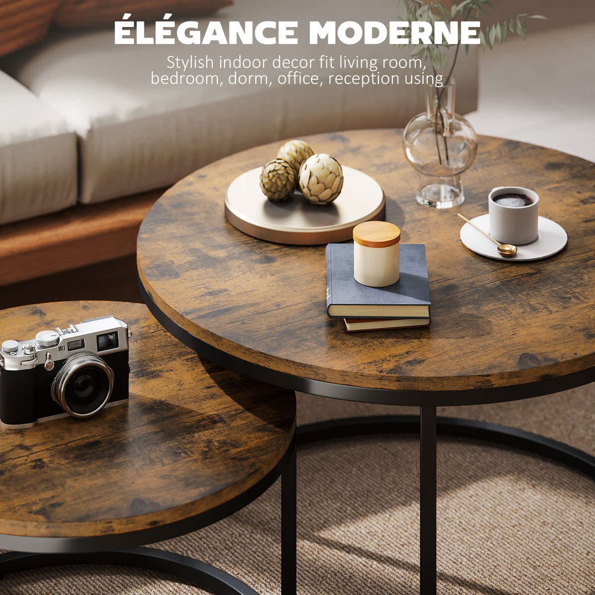 Lot de 2 tables basses gigognes empilable design industriel plateau imitation ciment pieds en métal brun rustique-3