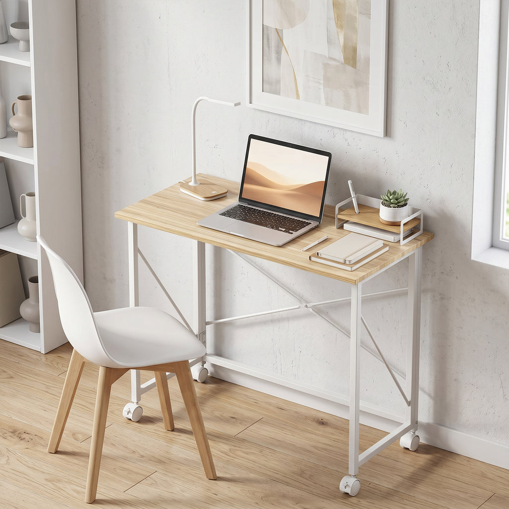 Bureau pliant table d'ordinateur 80 x 40 cm sur roulettes pour bureau à domicile, chambre, petits espaces, chêne-7
