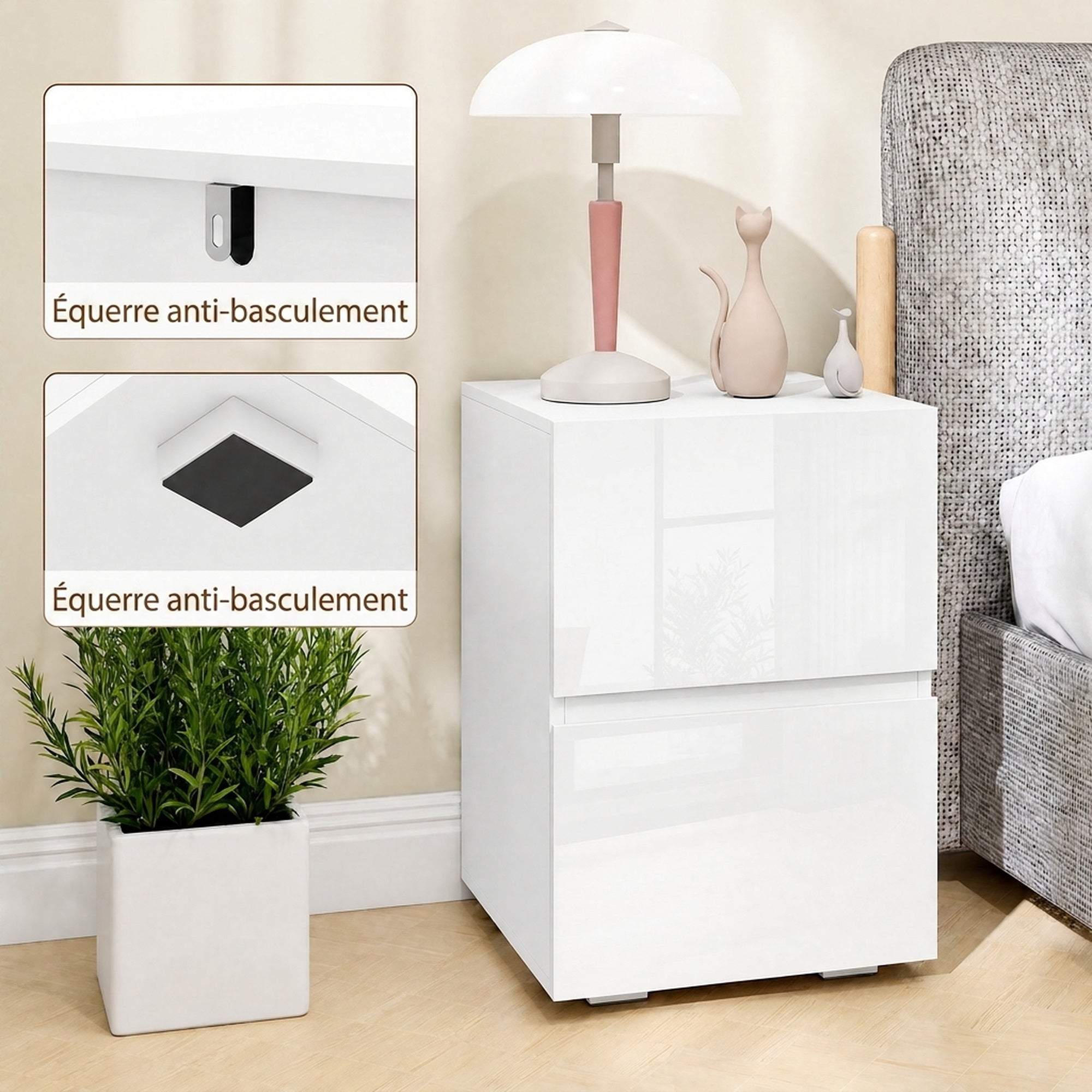 Lot de 2 Tables de Chevet, Tables d'Appoint avec 2 Tiroirs, Façades à Haute Brillance, Plateau Large, 40x40x58cm, Blanc-5