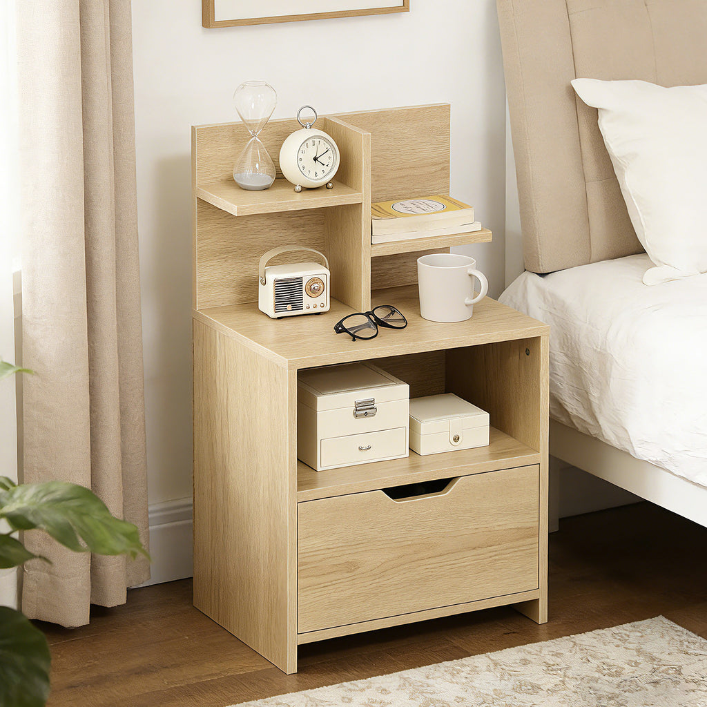 Table de chevet table de nuit avec tiroir, niche et étagères de rangement effet bois 45 x 35 x 73 cm naturel-1