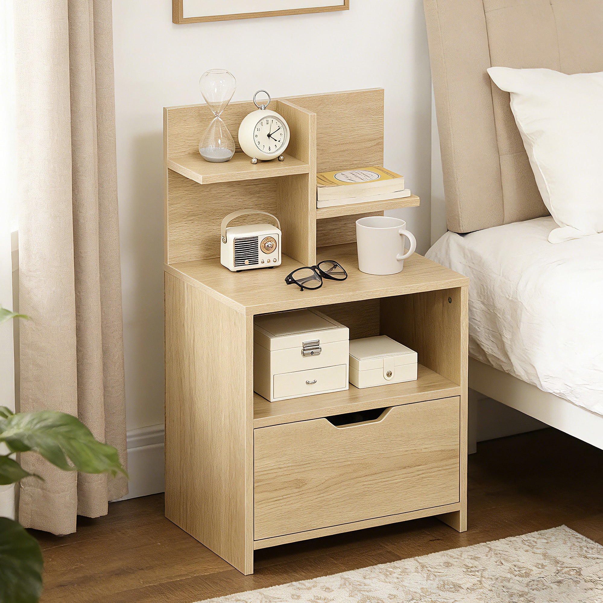 Table de chevet table de nuit avec tiroir, niche et étagères de rangement effet bois 45 x 35 x 73 cm naturel-1