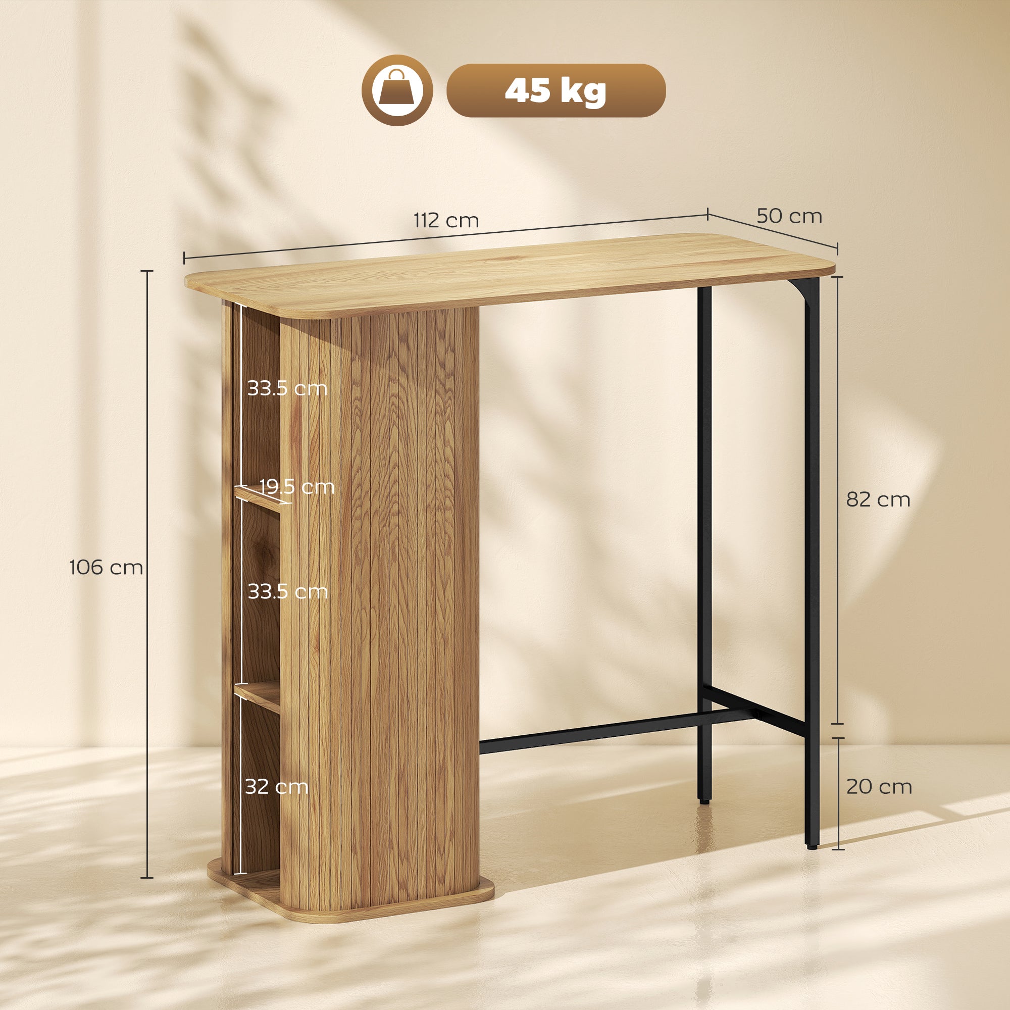 Table Haute Mange Debout, Table de Bar avec 3 Étagères de Rangement et Pieds en Métal, 112x50x106cm, Bois Naturel-2