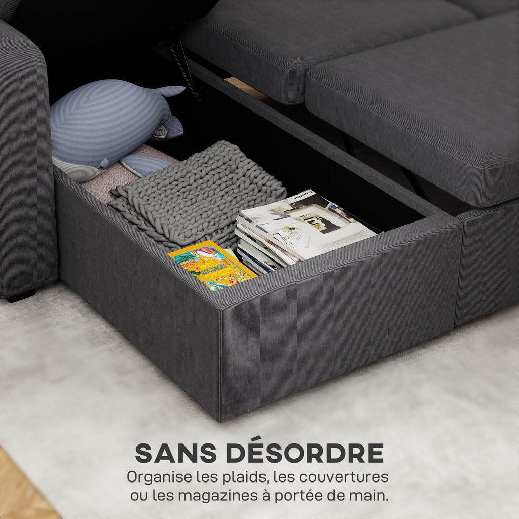 Canapé d'angle convertible en velours côtelé, canapé-lit 3 places avec rangement caché, coussins, 205x135x76cm, gris-5