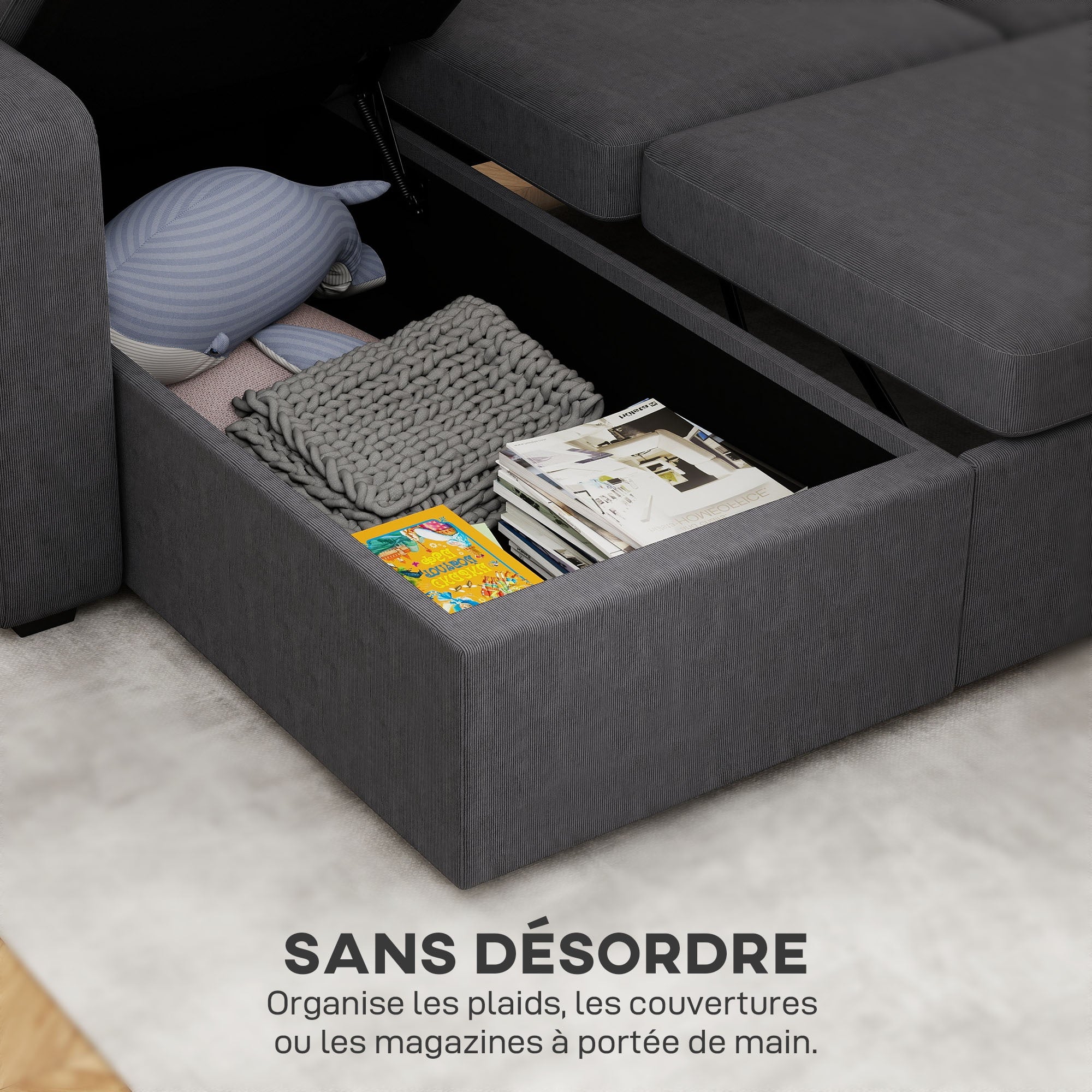 Canapé d'angle convertible en velours côtelé, canapé-lit 3 places avec rangement caché, coussins, 205x135x76cm, gris-5