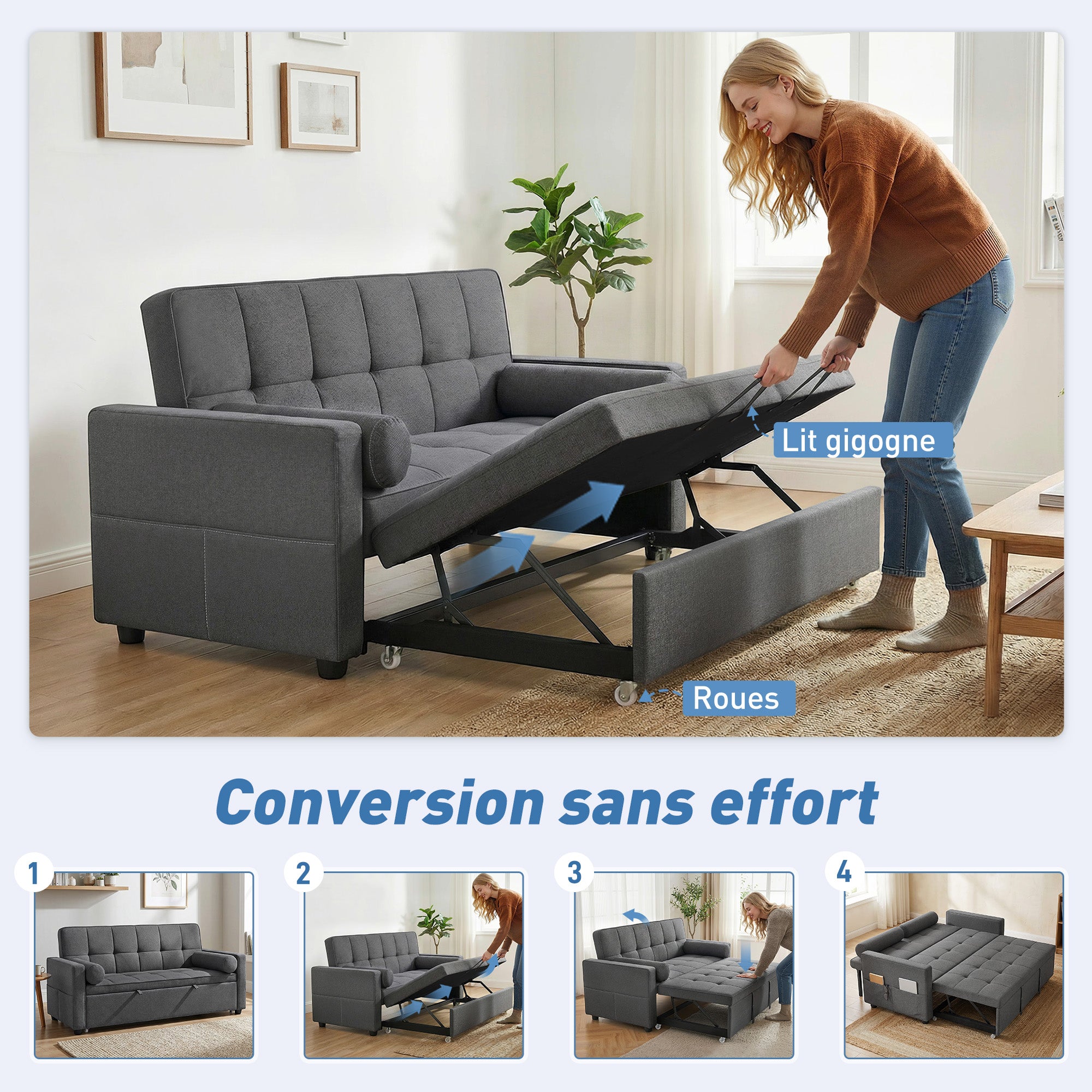 Canapé convertible 2 places 3 en 1 canapé-lit avec lit gigogne double dossier réglable 2 coussins 80,5x137,5x84cm gris-3