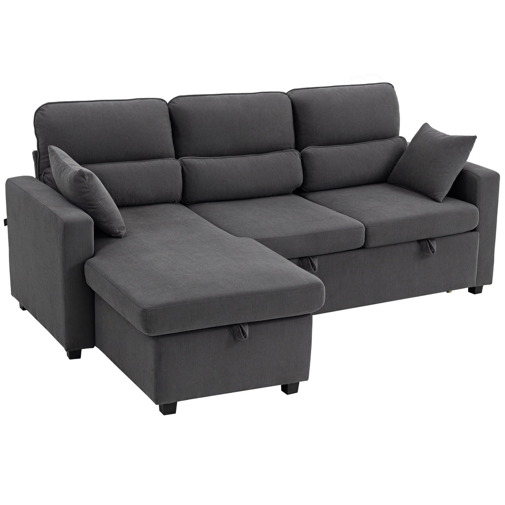 Canapé d'angle convertible en velours côtelé, canapé-lit 3 places avec rangement caché, coussins, 205x135x76cm, gris-0