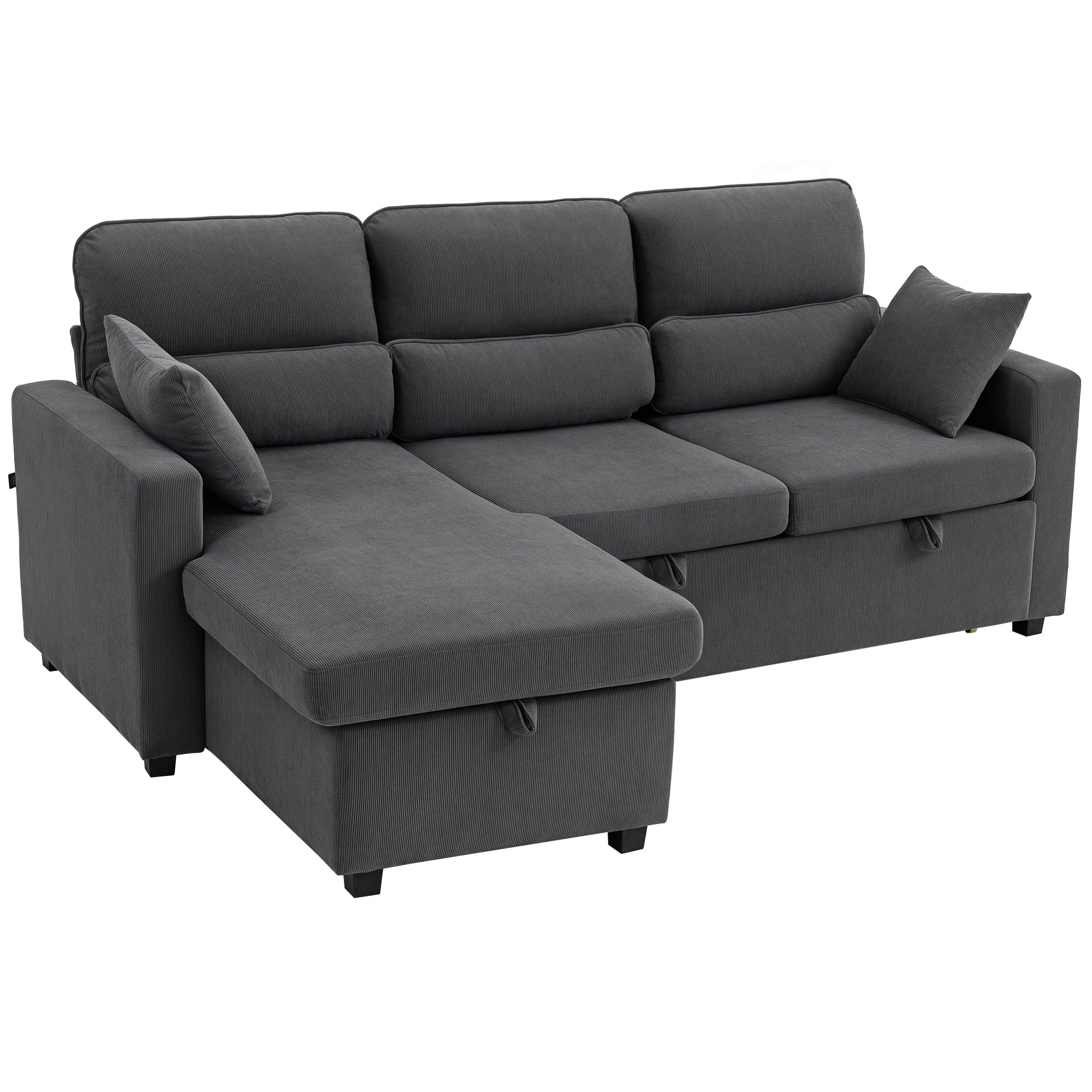 Canapé d'angle convertible en velours côtelé, canapé-lit 3 places avec rangement caché, coussins, 205x135x76cm, gris-0